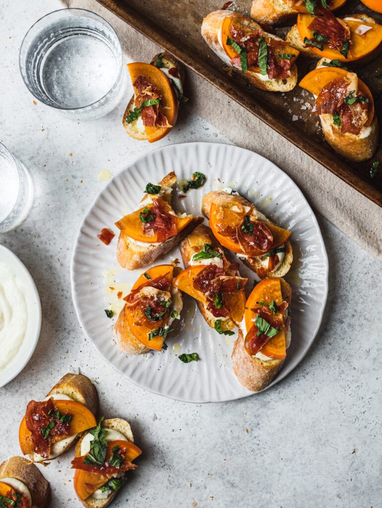 Persimmon Crostini with Crispy Prosciutto and Whipped Ricotta