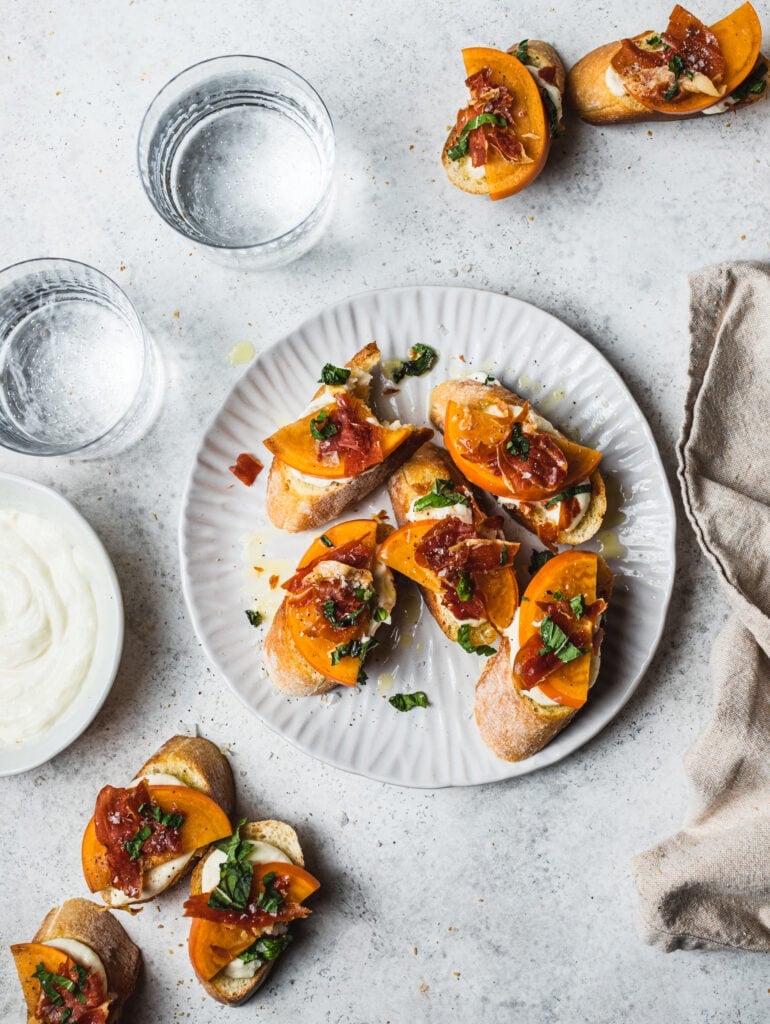 Persimmon Crostini with Crispy Prosciutto and Whipped Ricotta