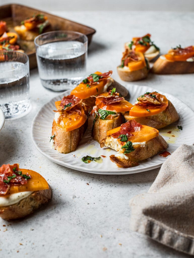 Persimmon Crostini with Crispy Prosciutto and Whipped Ricotta