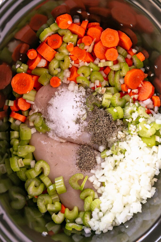 overhead shot of raw chicken and veggies in a slow cooker