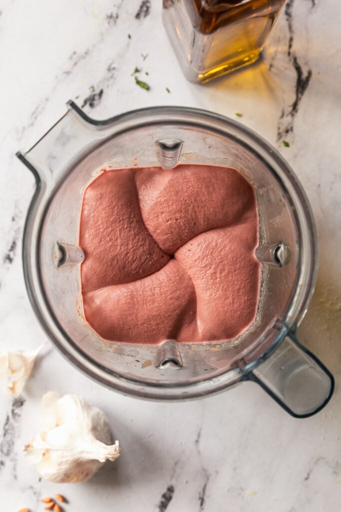 5-Minute Blender Beet Hummus - beet hummus in vitamix blender on countertop