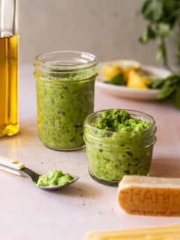 Pea Pesto - pesto in jars on countertop