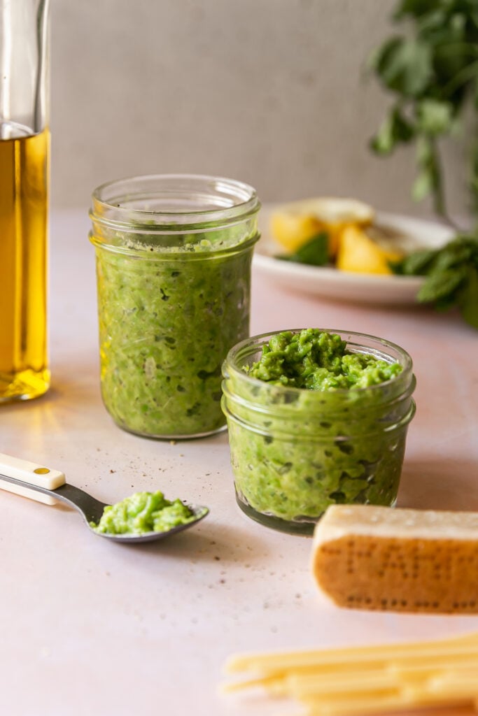 Pea Pesto - pesto in jars on countertop