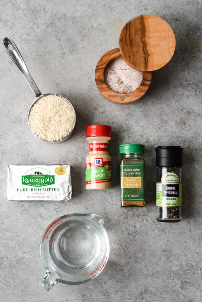 overhead shot of ingredients for turmeric rice