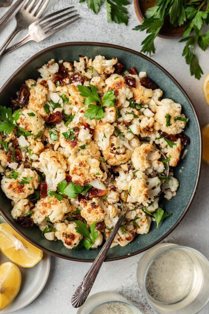 Overhead shot of cauliflower in a blue bowl