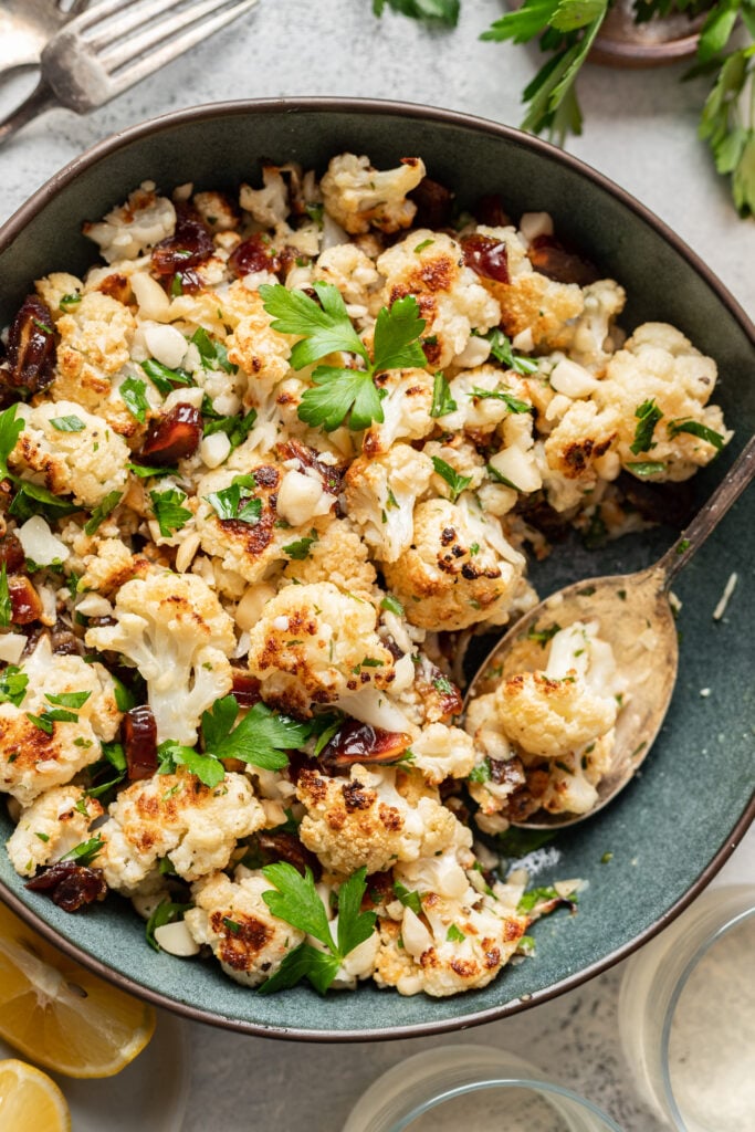 oven roasted cauliflower with dates and parsley