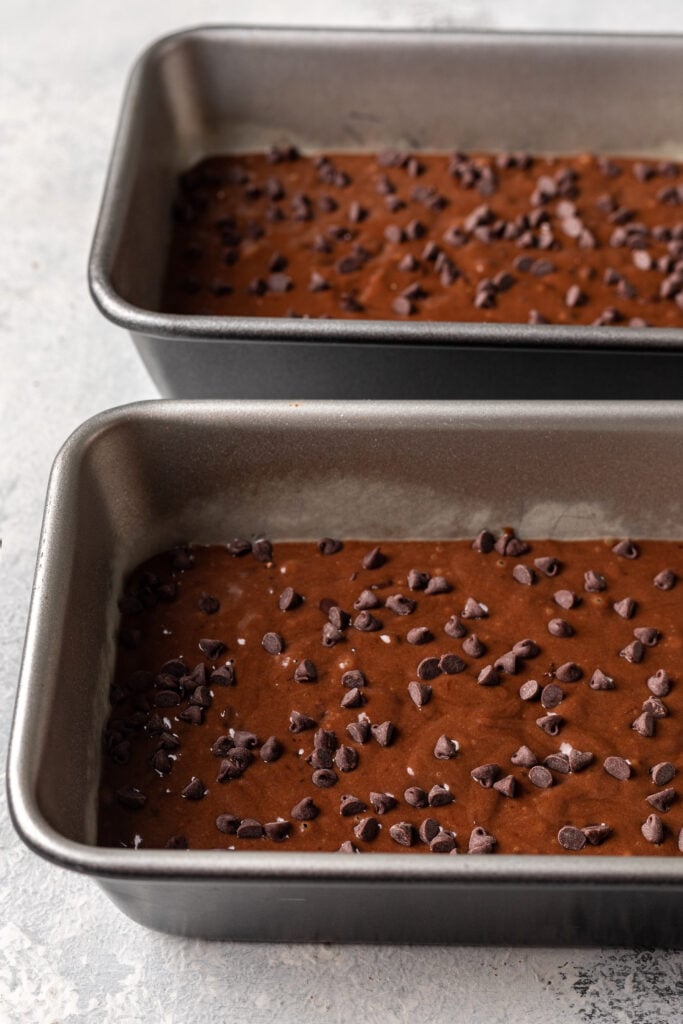chocolate batter in 2 loaf pans