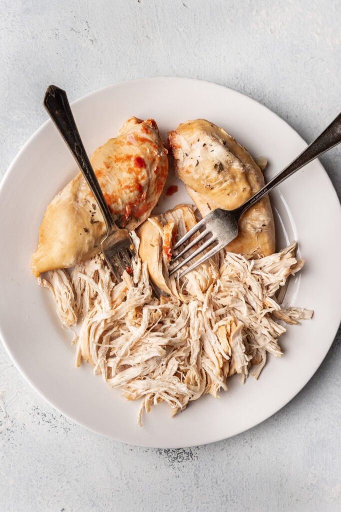 shredded chicken on a white plate with a fork and 2 full cooked chicken breasts