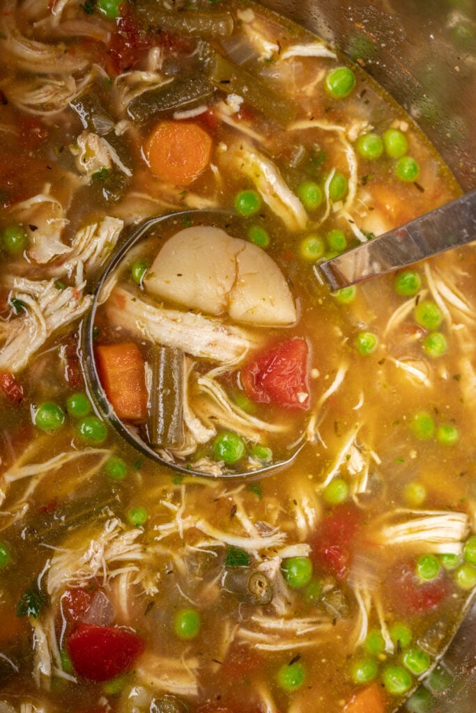 close up of chicken vegetable soup with a ladle