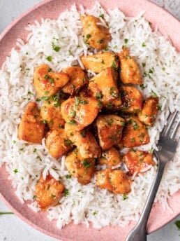 chicken on a bed of rice served on a pink plate