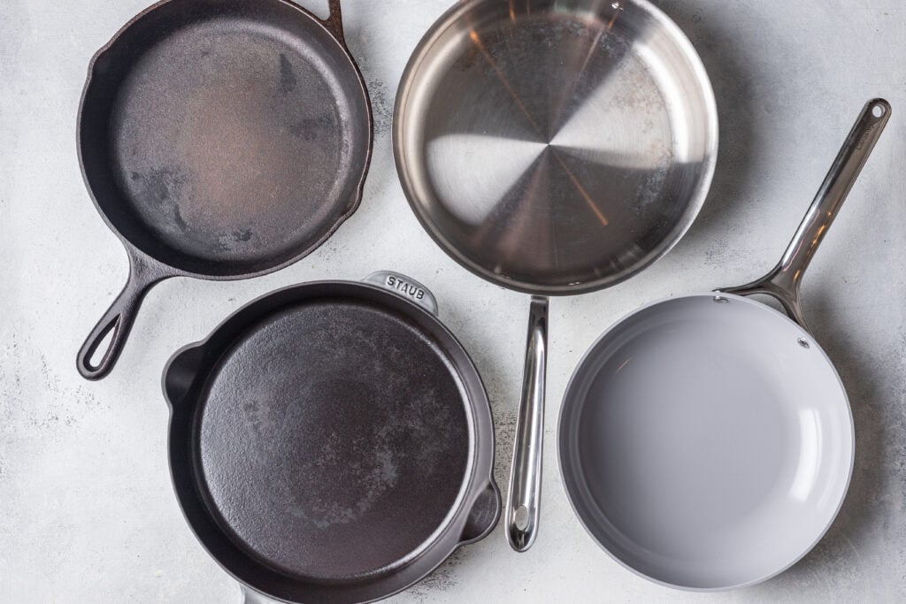 overhead shot of 4 pots and pans