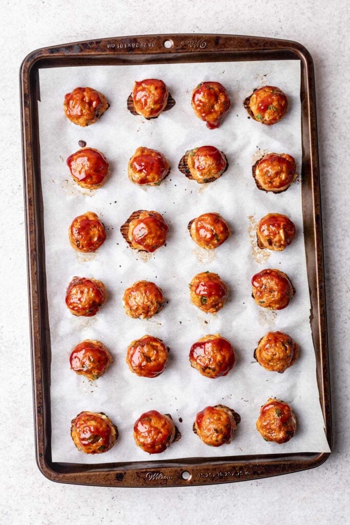 glazed meatballs on a sheet pan