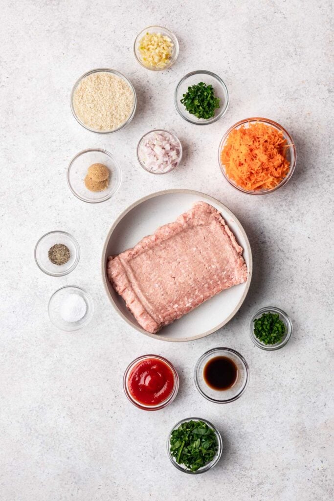 ingredients in bowls for turkey meatloaf meatballs