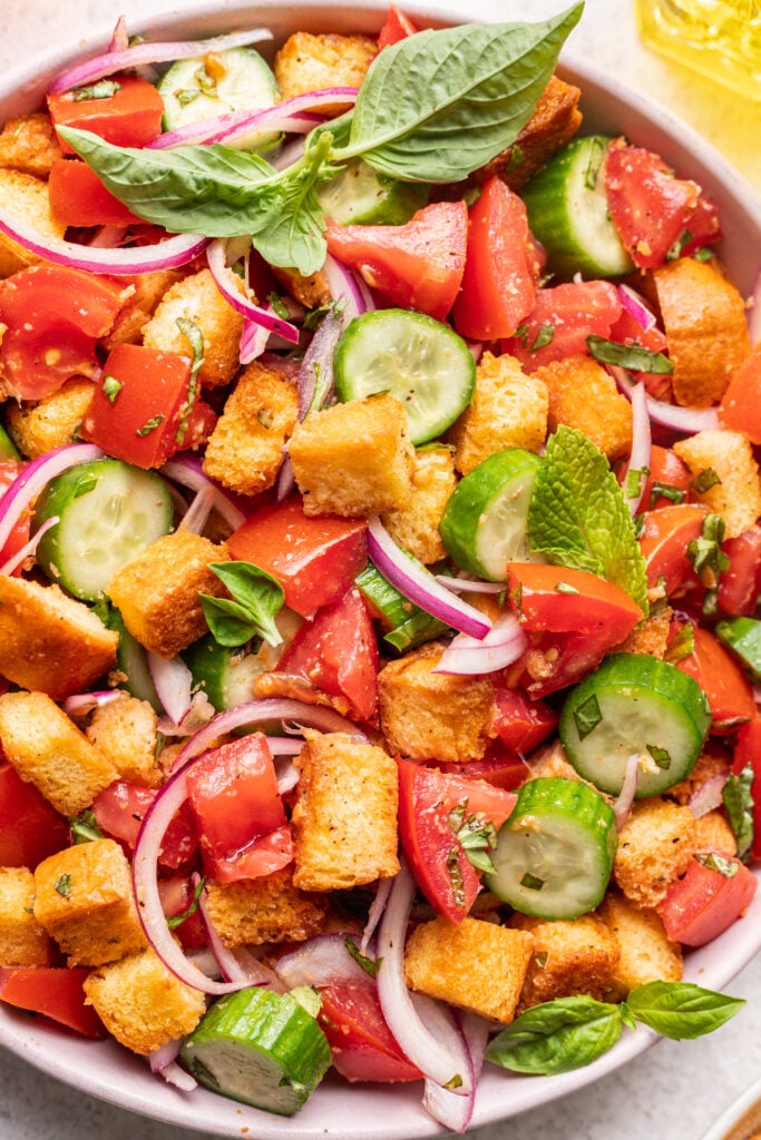 close up of panzanella salad