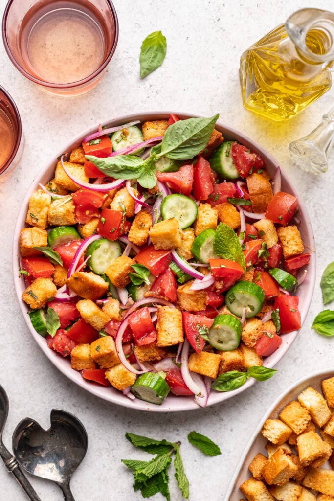 panzanella salad in a white bowl