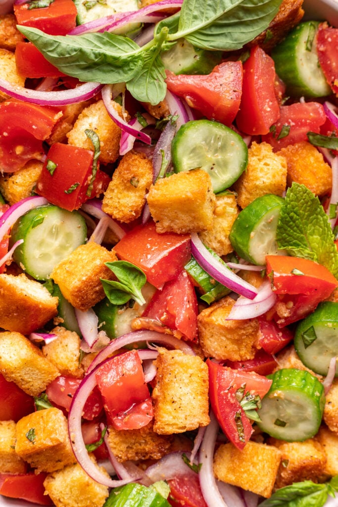 close up of panzanella salad