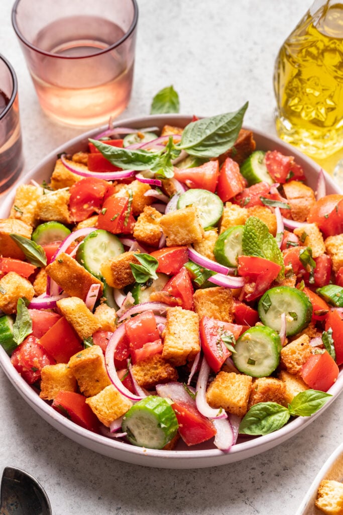 panzanella salad in a white bowl