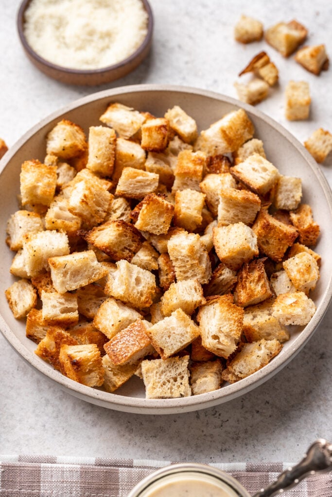 croutons in a white bowl