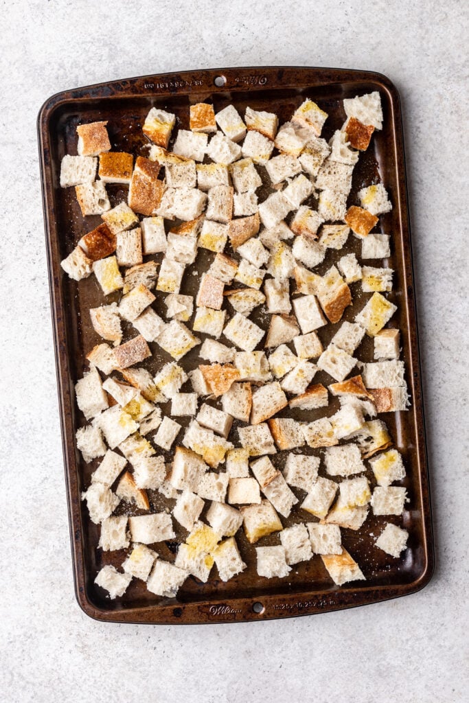 sourdough cubes on a sheet pan