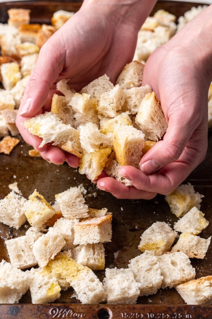 two hands holding bread cubes