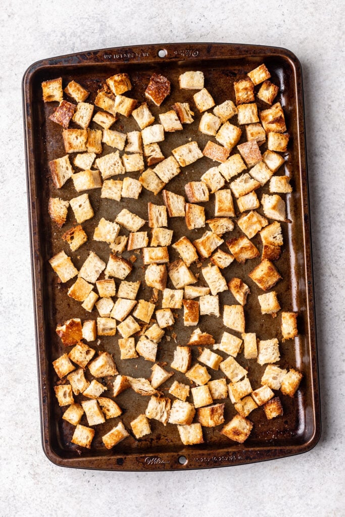 crispy croutons on a sheet pan