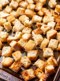 crispy croutons on a sheet pan
