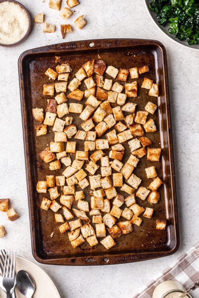 crispy croutons on a sheet pan