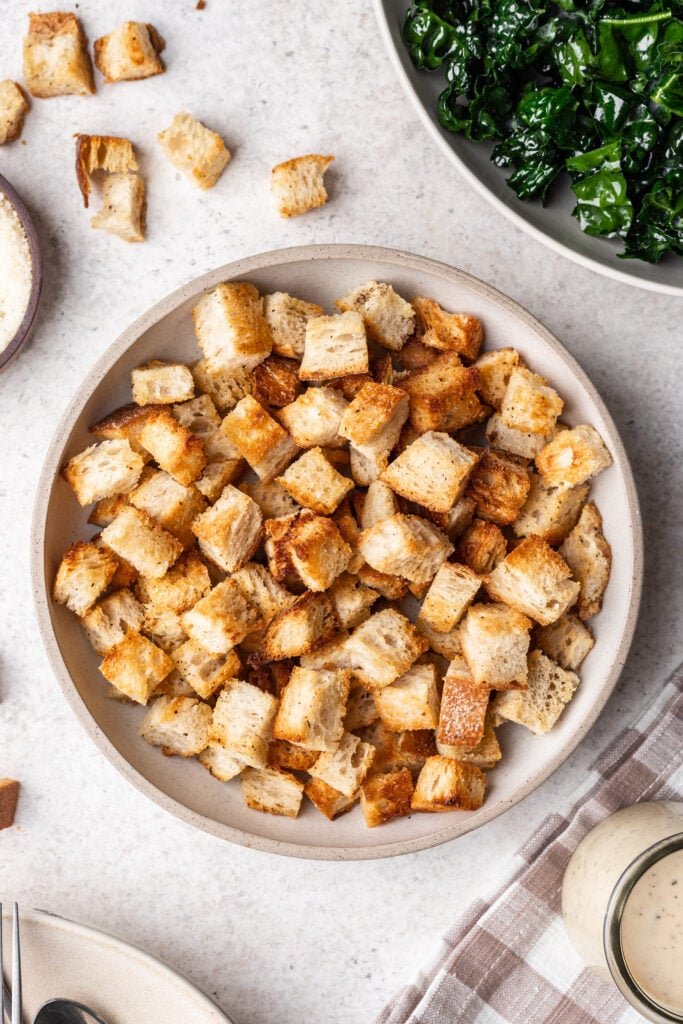 croutons in a white bowl