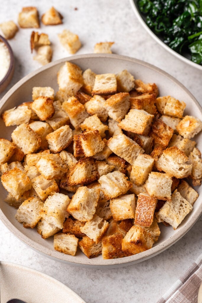 croutons in a white bowl