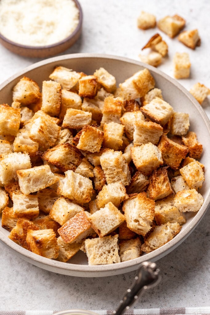 croutons in a white bowl