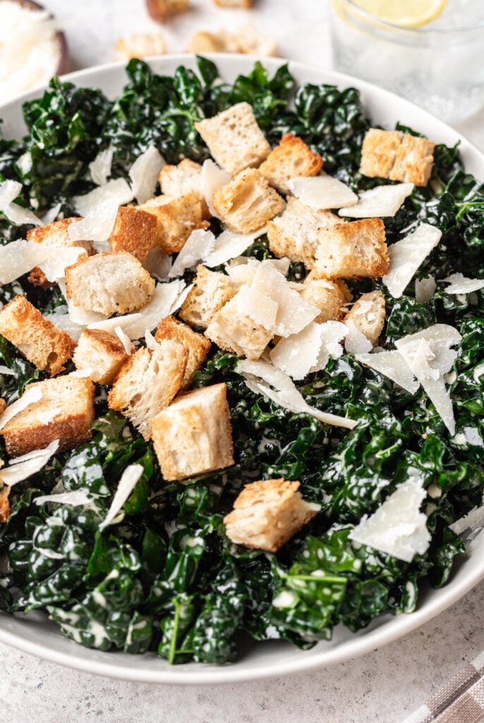croutons on top of kale salad