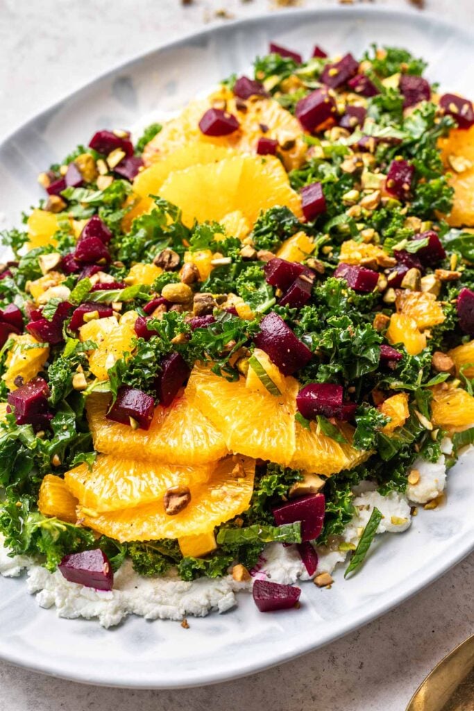 kale salad with oranges and beet close up