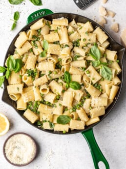 skillet with pasta, cheese and peas