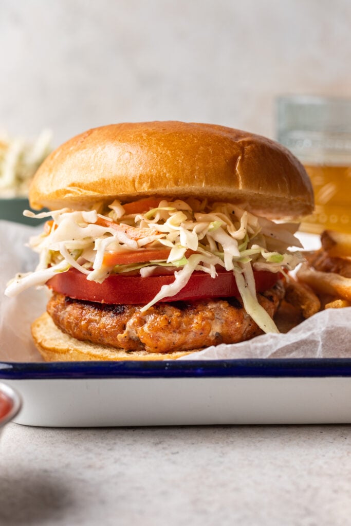 grilled bbq chicken burger with coleslaw