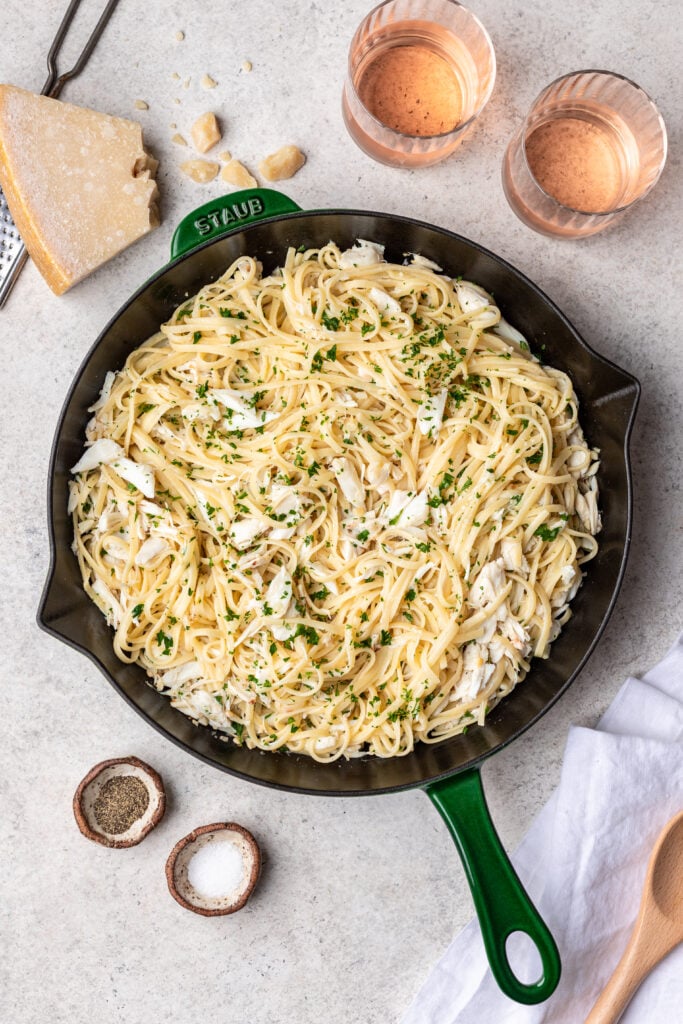 crab linguine in a cast iron skillet
