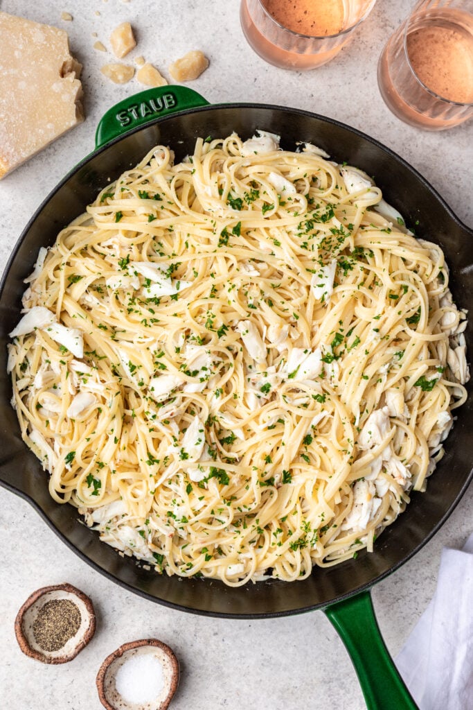 crab linguine in a cast iron skillet