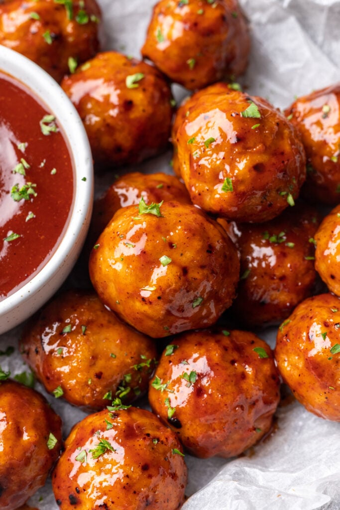 close up of bbq chicken meatballs