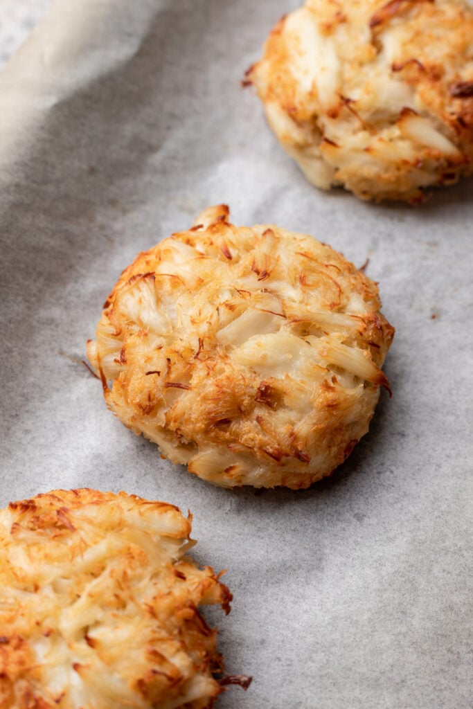 baked crab cake on a sheet pan