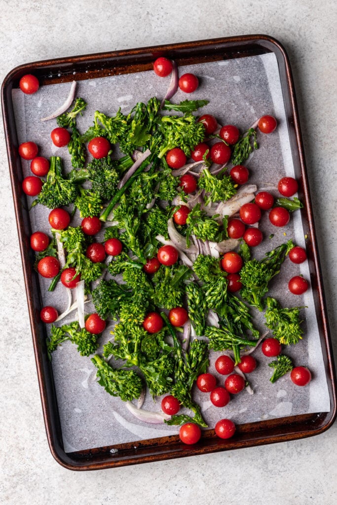 sheet pan with broccolini and tomatoes