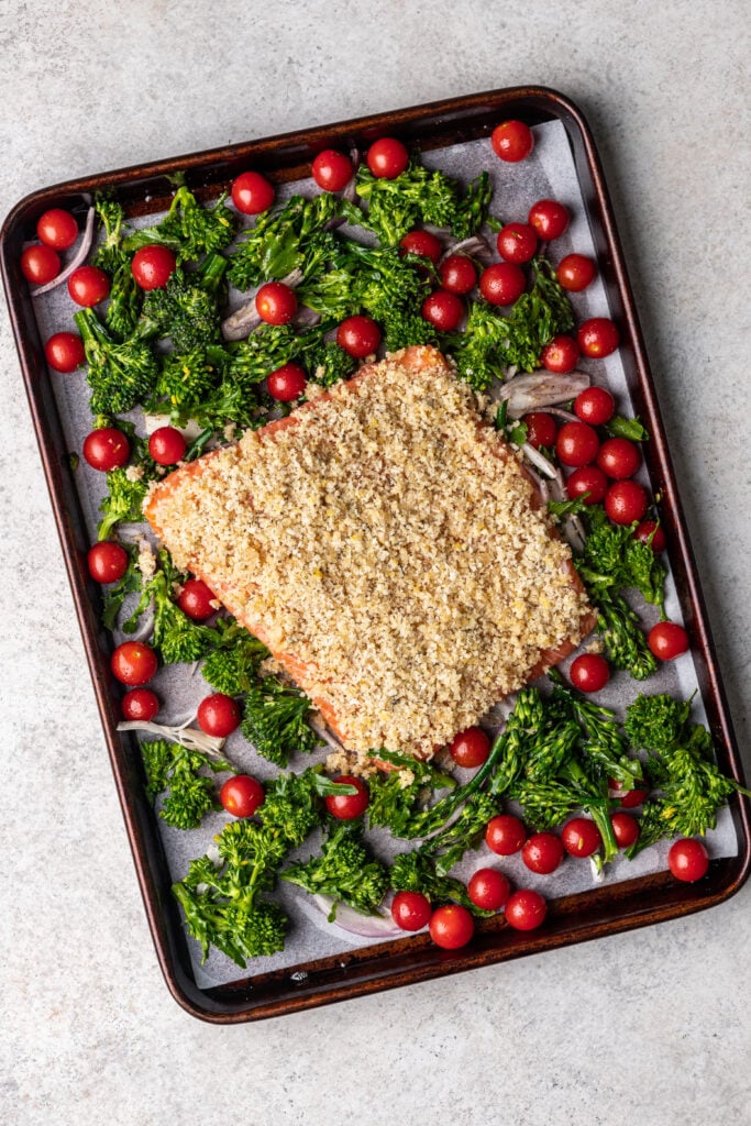 sheet pan with broccolini, tomatoes and panko crusted salmon