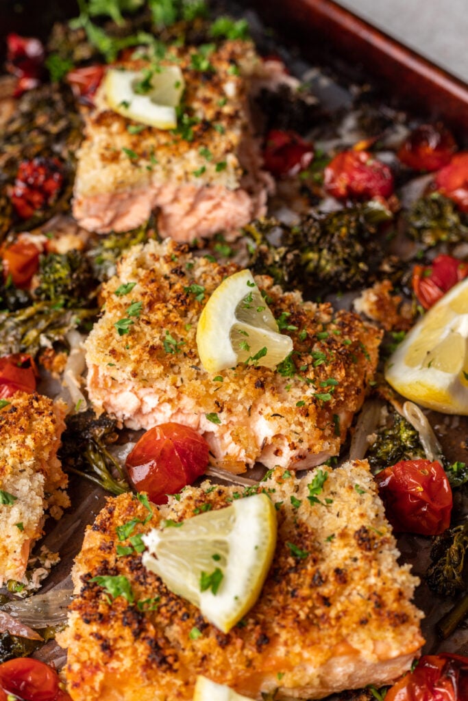 panko crusted salmon with lemon slice on top
