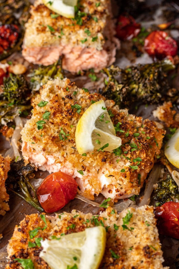 panko crusted salmon with lemon slice on top