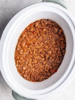 cooked ground taco meat in a slow cooker
