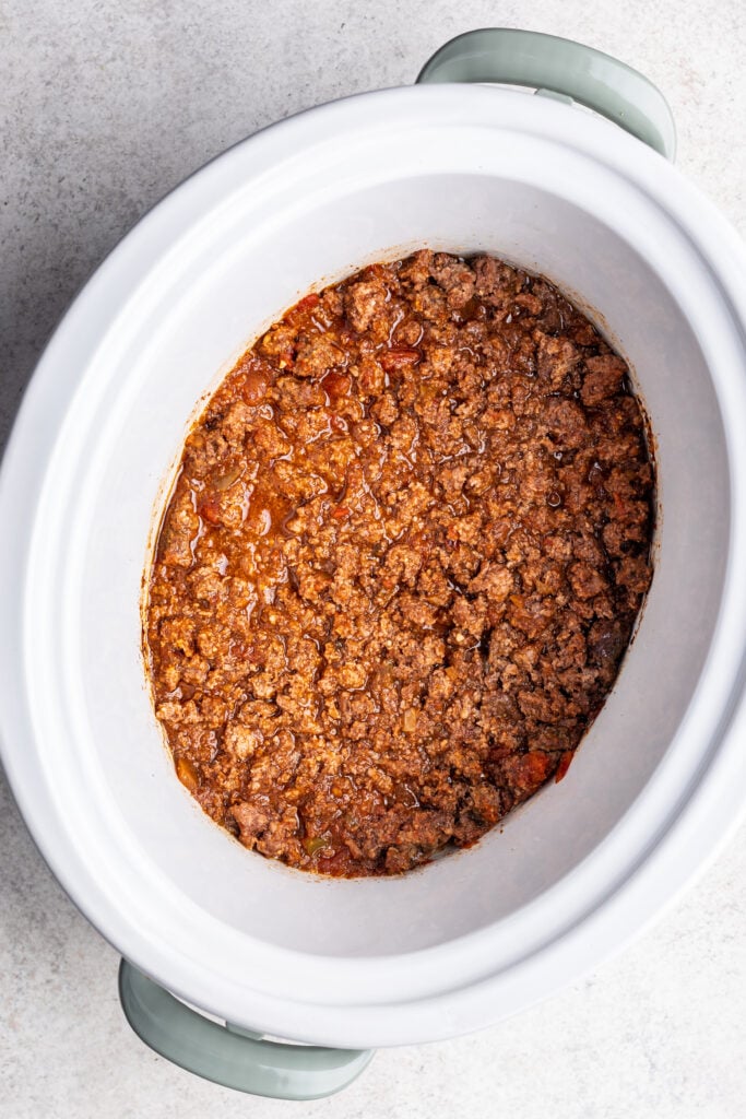 cooked ground taco meat in a slow cooker