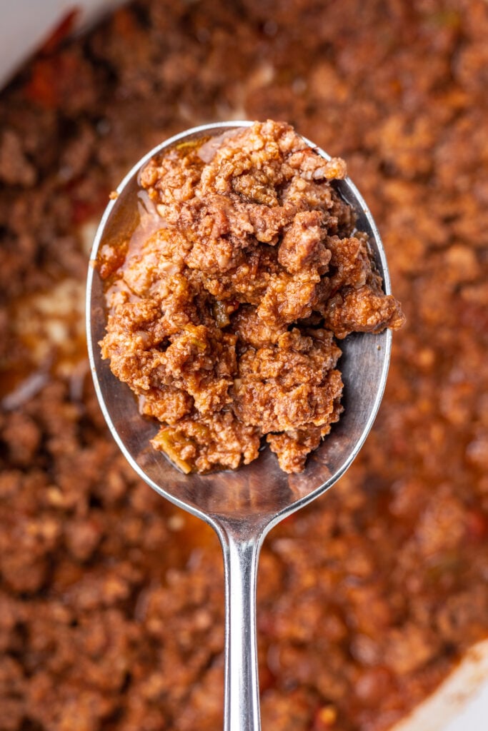 ground taco meat on a spoon
