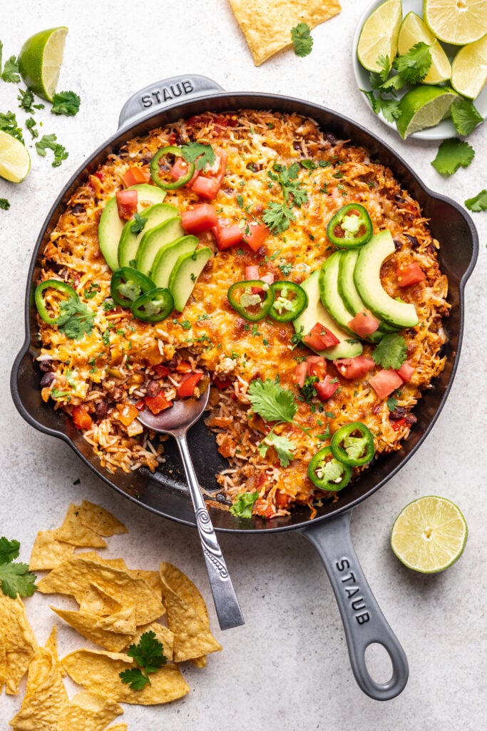 turkey taco skillet with a spoon