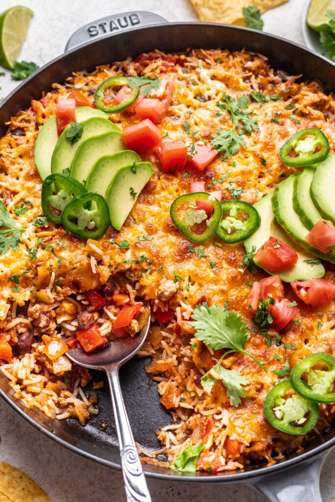 turkey taco skillet with a spoon