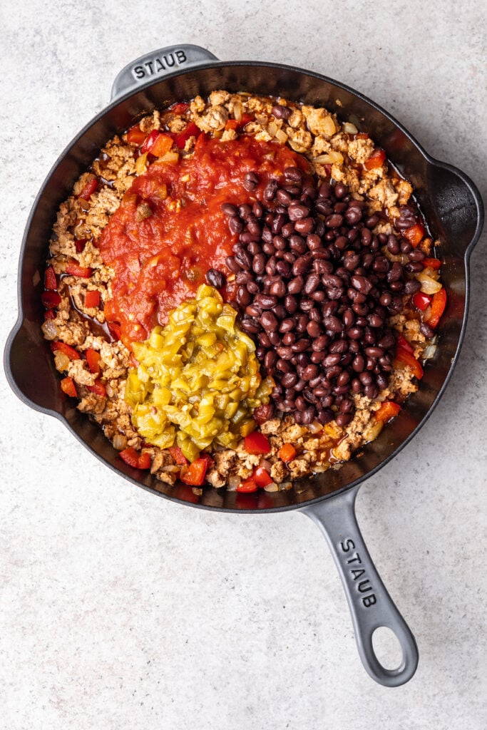 skillet with onions, peppers, ground turkey, beans and salsa