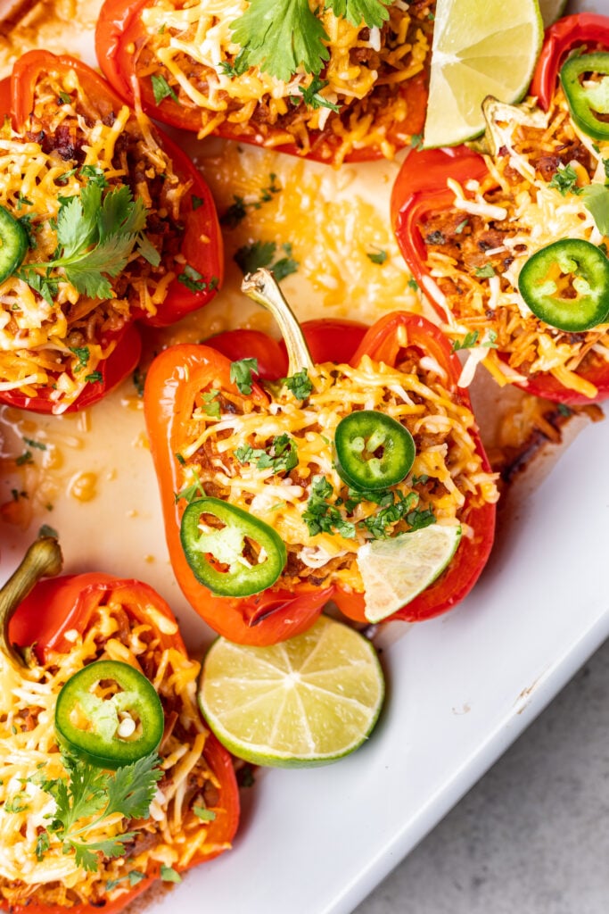 a stuffed bell pepper with ground turkey and rice