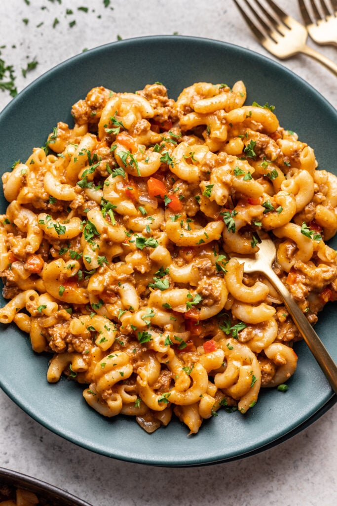 sloppy joe pasta in a bowl with a fork